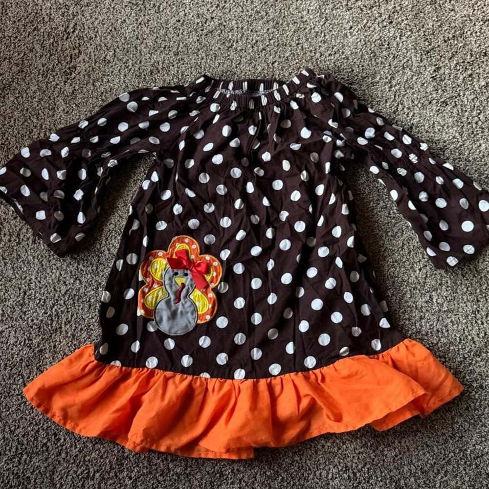 Boutique Thanksgiving Turkey Dress Size L Brown Polka Dot 4T